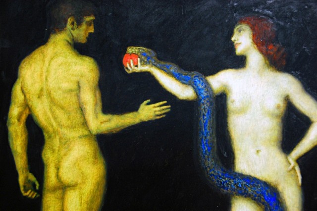 Eve presents Adam the apple in the snake's mouth.